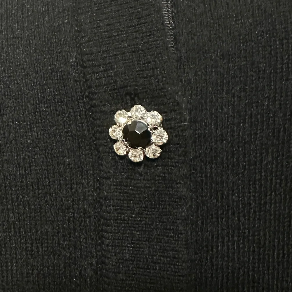 Kate Spade New York Black Wool Blend Cardigan Sweater Rhinestone Flower Buttons